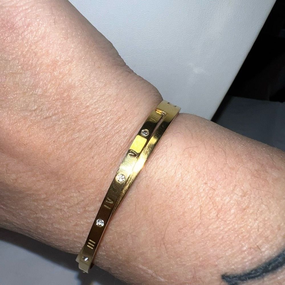 Gold Tone Roman Numerals and Crystal Bypass Bangle Bracelet - Picture 2 of 7